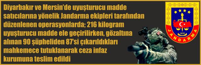 Diyarbakır ve Mersin’de Jandarma ekiplerince zehir tacirlerine yönelik düzenlenen operasyonlar
